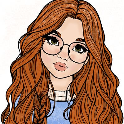 girl with long hair and freckles and glasses realistic