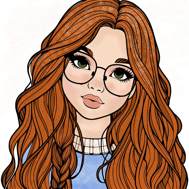 girl with long hair and freckles and glasses realistic