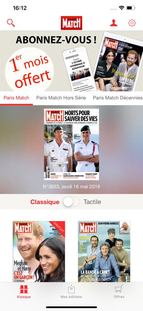 L'ancienne app Paris Match - Digitale Kiosk-Oberfläche der alten Paris Match App, die verschiedene Magazincover und ein Abonnementangebotsbanner anzeigt.