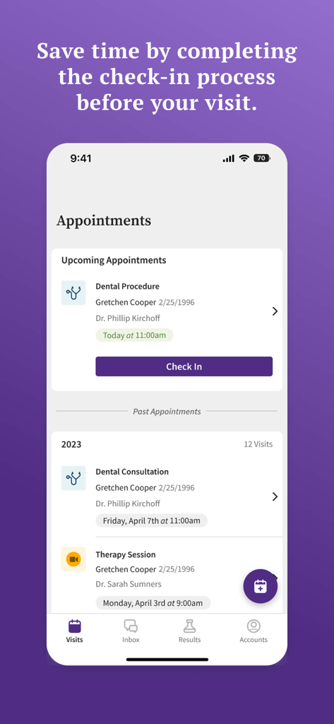 athenaPatient - athenaPatient mobile app showing a list of medical appointments and an option to check in.