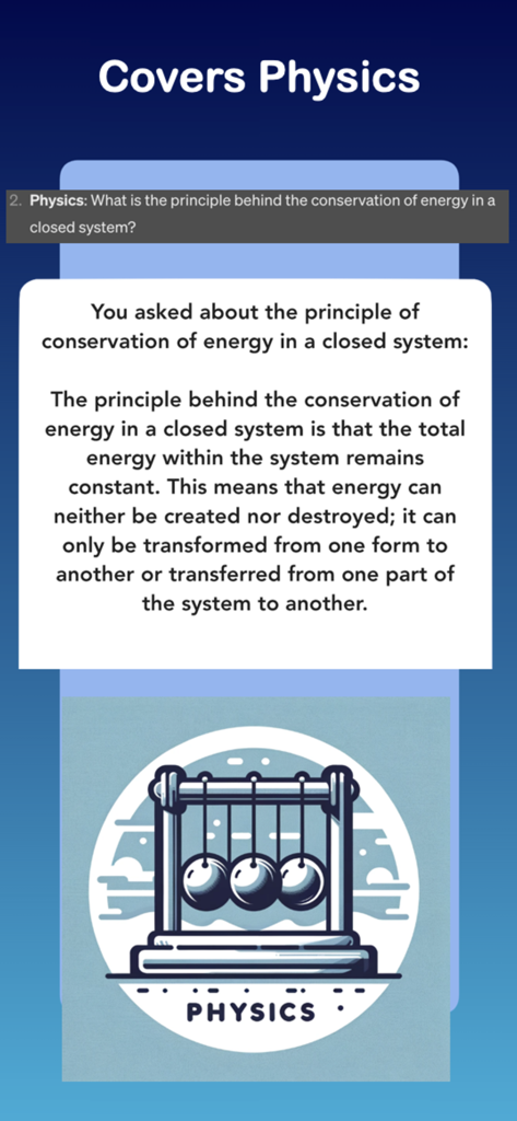Medschool AI - Exam Prep - Screenshot of the Medschool AI app explaining the principle of conservation of energy for physics exam prep