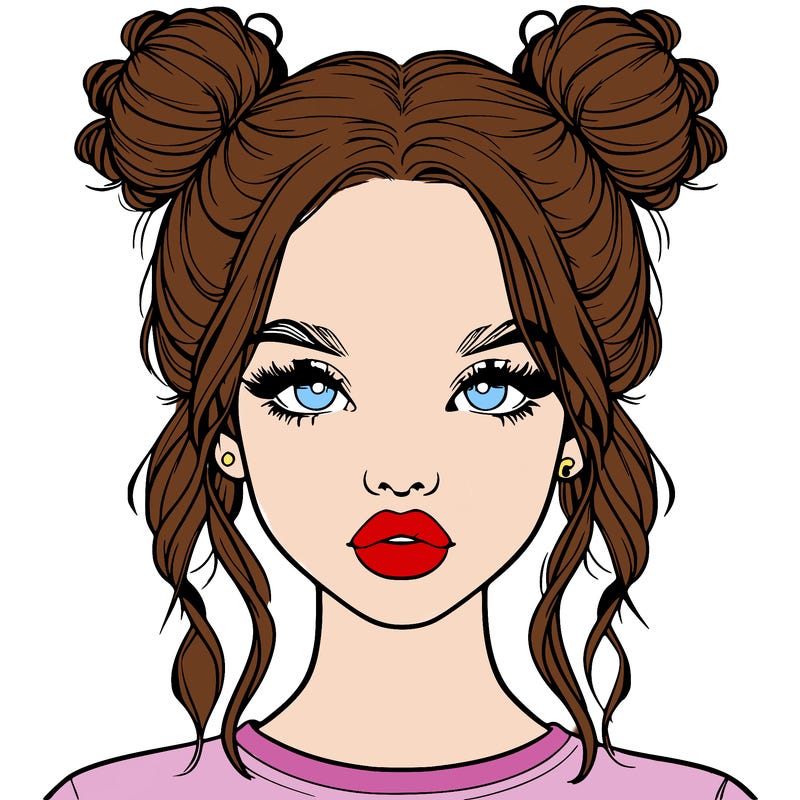 realistic girl with two buns in hair and lips