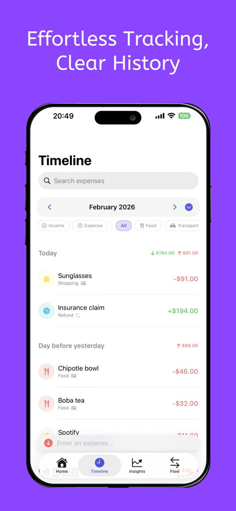 Flow - AI Expense Tracker - Flow AI Expense Tracker app interface showing a chronological timeline of daily transactions and income