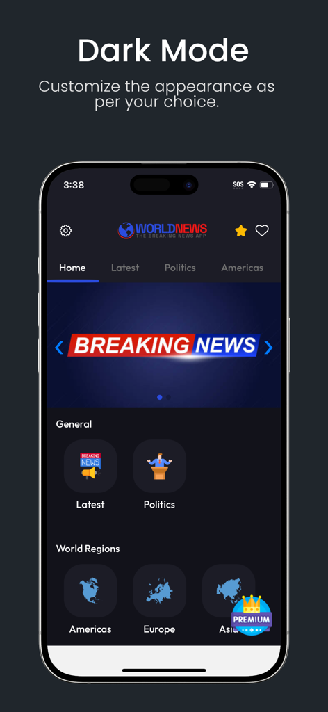 World News: Breaking News App - Interfaz de la aplicación Noticias Mundiales que muestra categorías de noticias en Modo Oscuro.