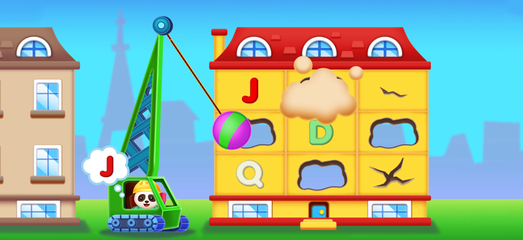 Kidduca: Kids Learning Games - Un panda usando una grúa para aprender letras en una construcción