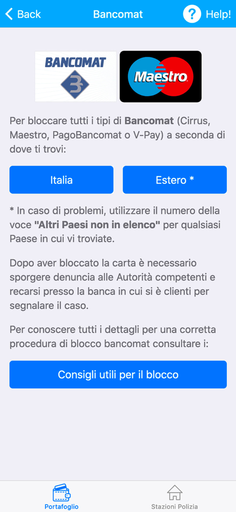 iSmarrito - Interface de l'application iSmarrito montrant les options pour bloquer les cartes Bancomat et Maestro en Italie ou à l'étranger