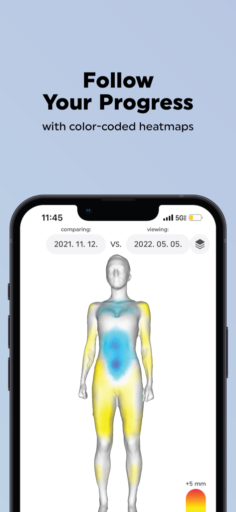 3D body scan heatmap showing muscle and fat changes for progress tracking