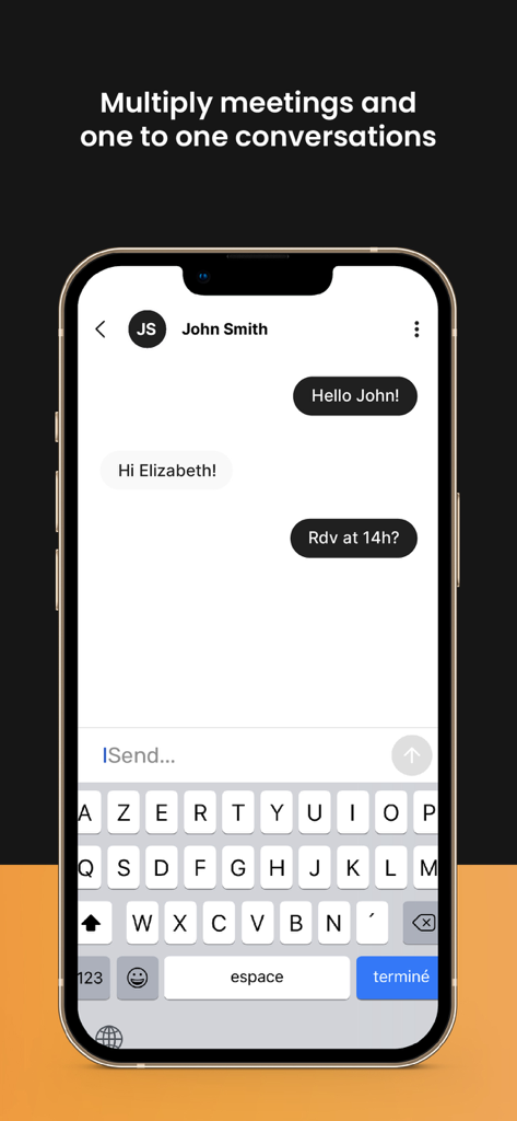 Messaging interface of the Eventmaker KeepTrack app showing a professional chat conversation.