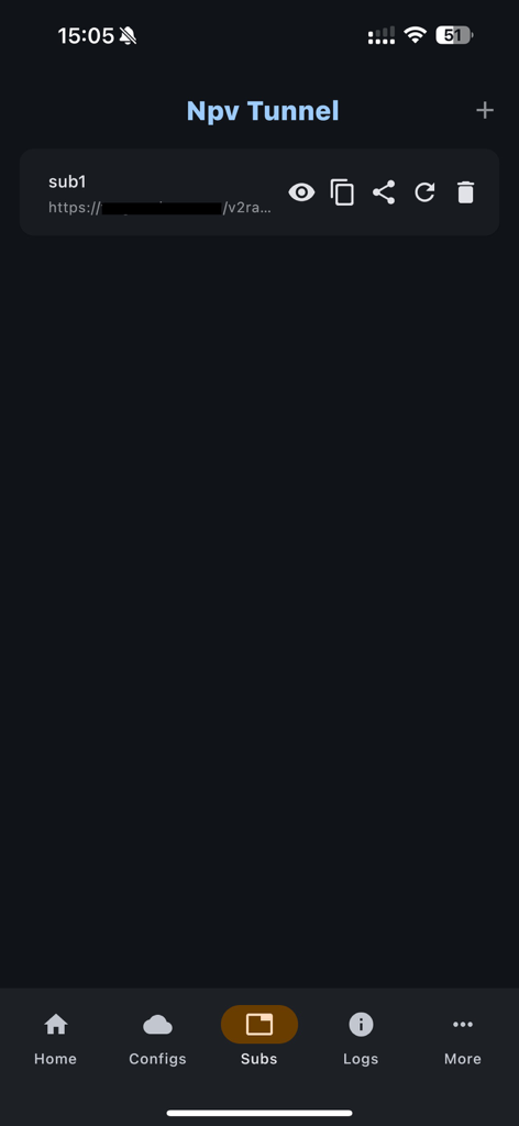 Npv Tunnel mobile app interface showing the Subs tab with a configured V2ray server link and management icons