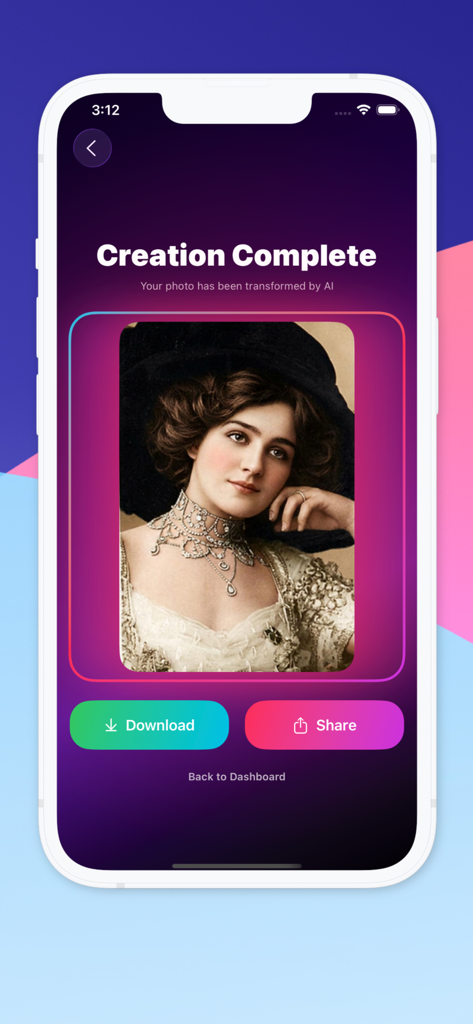 Interfaz de la aplicación Pixtable AI que muestra el retrato de una mujer antigua coloreado con opciones de descarga y compartir