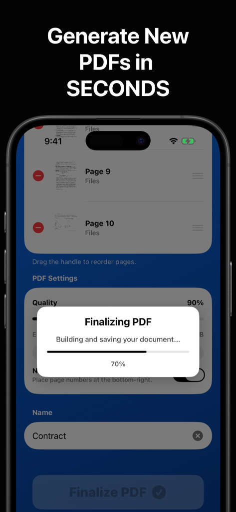 PDFドキュメントの最終化と保存の進捗バーを表示するモバイルアプリのインターフェース
