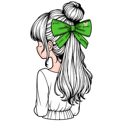 realistic girl  with hip length hair a bun and a big bow on the back of head