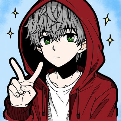 teenage manga boy in a hoodie, doing ✌