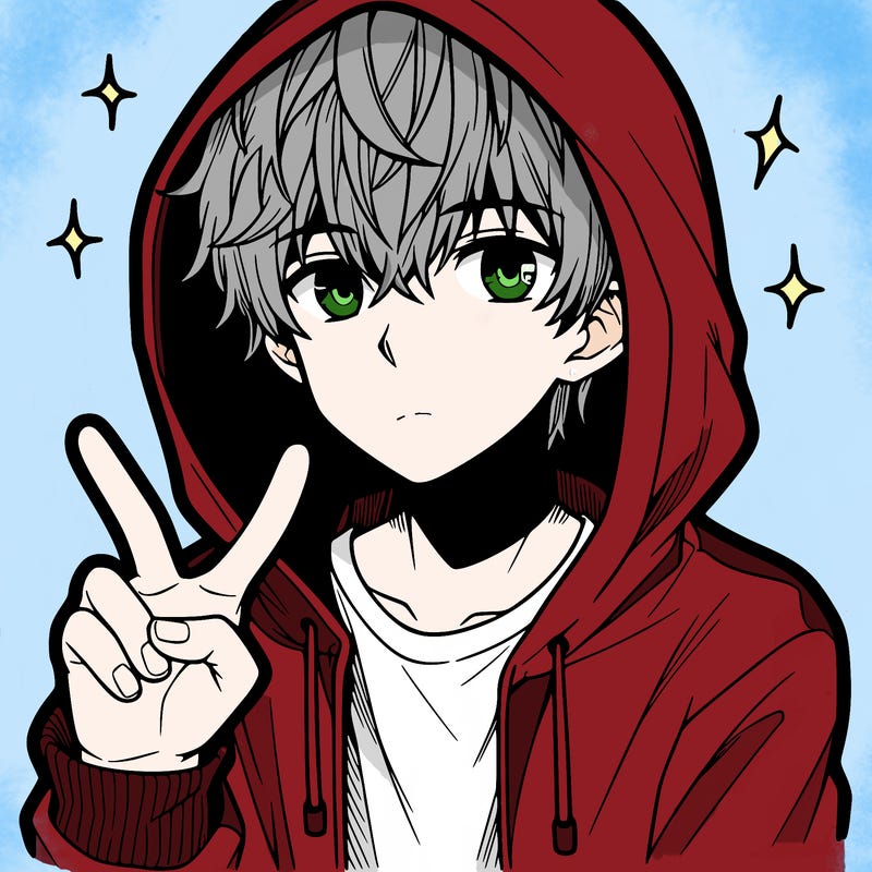 teenage manga boy in a hoodie, doing ✌