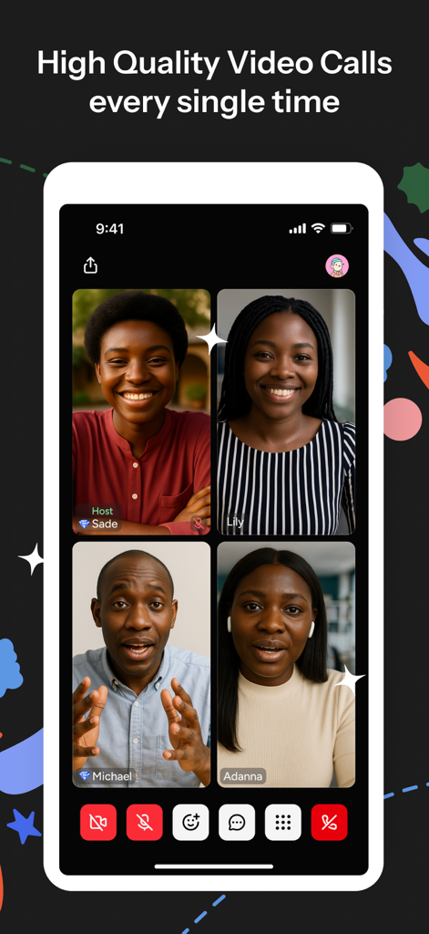 Huddle01 mobile interface showing a high quality video meeting with four participants