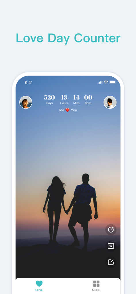 Love Widget - Couple Countdown - A mobile app interface showing a countdown of days hours and minutes a couple has been together with a sunset background