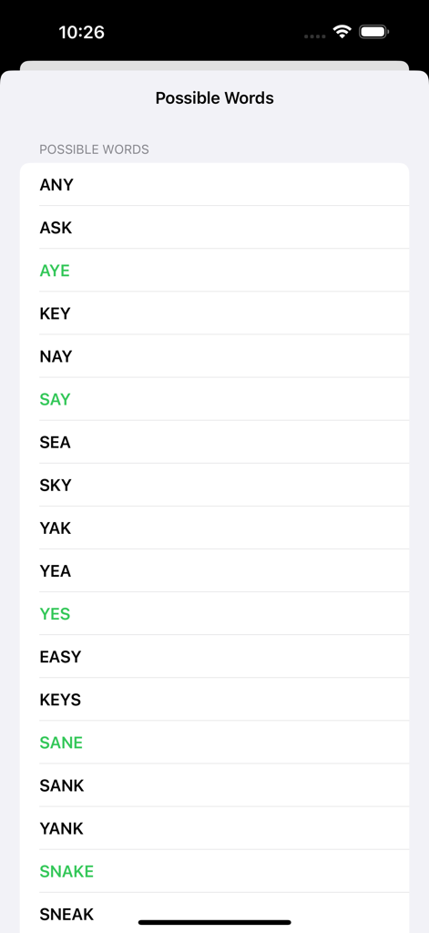 Twisted Text Word Game - A vertical list of possible words to find within a level of the Twisted Text Word Game app