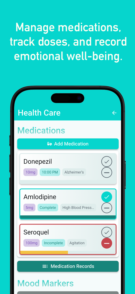 Recollect - Dementia Care - Recollect App Medikamentenmanagement-Bildschirm mit Dosisverfolgung und Zeitplan für Demenzpflege