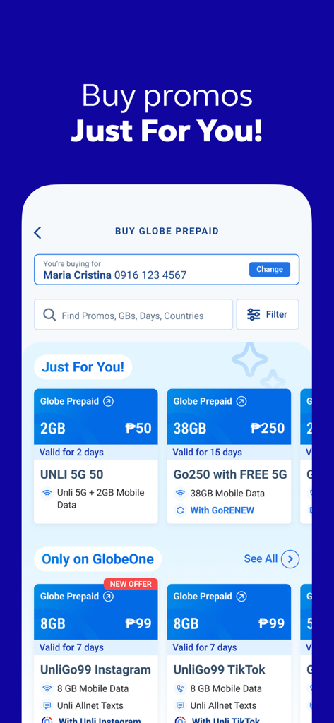 A mobile screen showing the GlobeOne app interface for purchasing personalized prepaid promos and data packages.