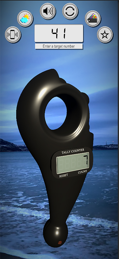 A realistic 3D digital tasbeeh counter showing a tally count with a scenic beach background.