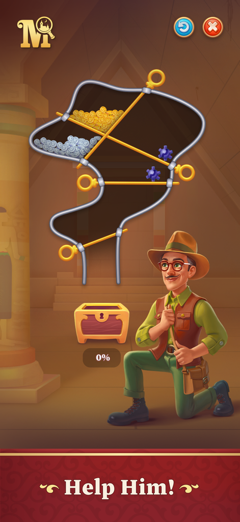 Manor Matters: Adventure Game - Ein Logikrätsel in Manor Matters, bei dem der Spieler Stifte ziehen muss, um Goldmünzen für den Abenteurer Carl in eine Schatztruhe fallen zu lassen.