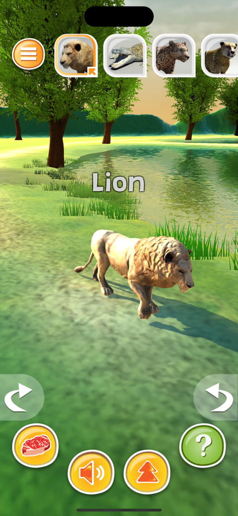 Animal Simulator 3D-Predetors - A 3D lion walking through a safari landscape next to a pond in the Animal Simulator 3D game