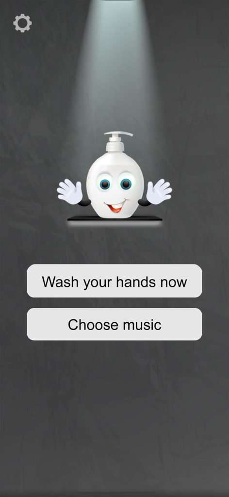 Wash your hands now - Home screen of the Wash your hands now app featuring a cartoon soap bottle character and menu buttons for washing hands and choosing music