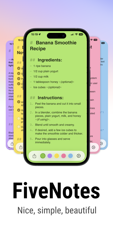 FiveNotes Mobile - The FiveNotes Mobile app interface on an iPhone displaying five color-coded notes with a minimalist design.