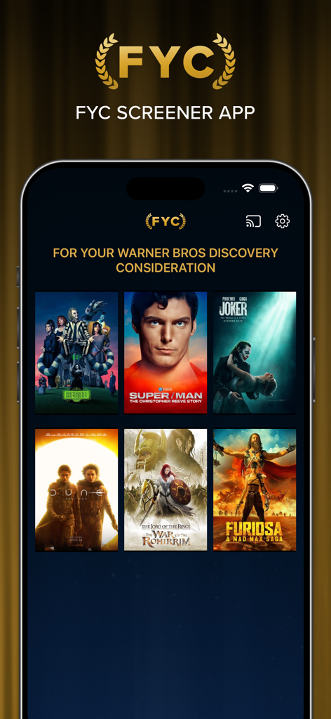 WBFYC Screeners - WBFYC Screeners app library showing Warner Bros movie posters for award consideration.