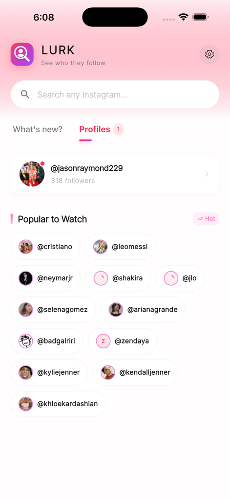 Lurk - Recent Follow Tracker - Lurk app home screen showing search bar for Instagram and a list of popular profiles to track