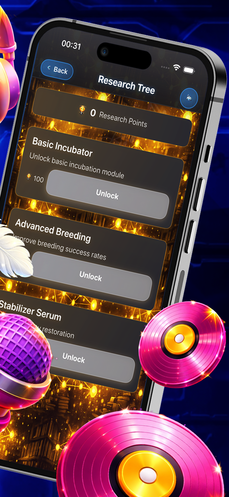 Chik Mut Lab - Chik Mut Labアプリの研究ツリーインターフェース、iPhone上の研究室のアップグレードを表示。