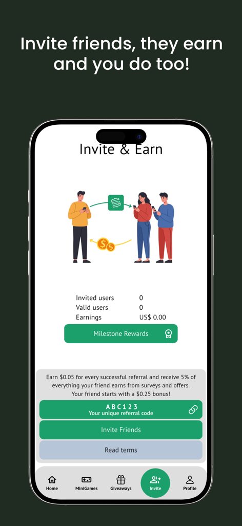 Survey Cash app referral screen showing invite bonuses and earn money features