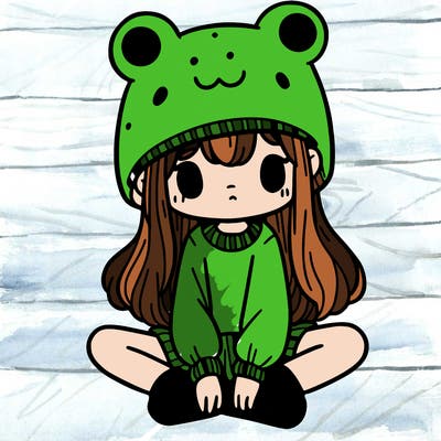 a girl wearing a frog hat and some frog socks