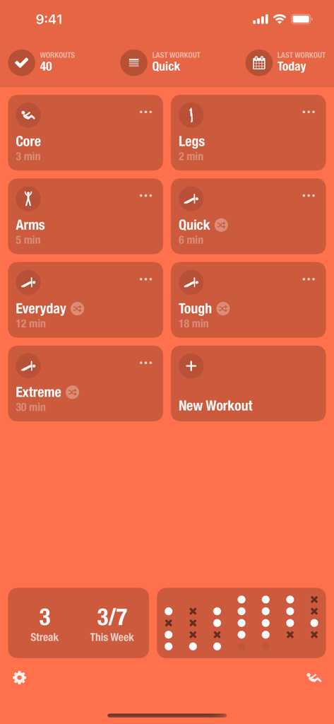 Streaks Workout - Streaks Workout app home screen showing workout categories from 2 to 30 minutes and a daily habit streak tracker.