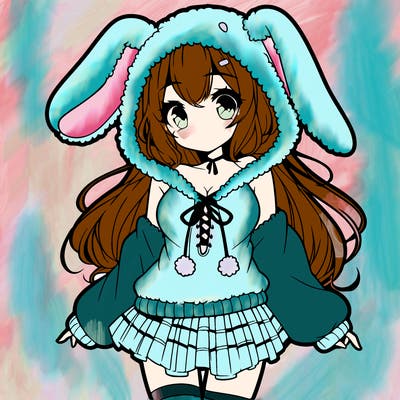 pretty anime girl wearing a fluffy hoodie with bunny ears on the hood and a skirt