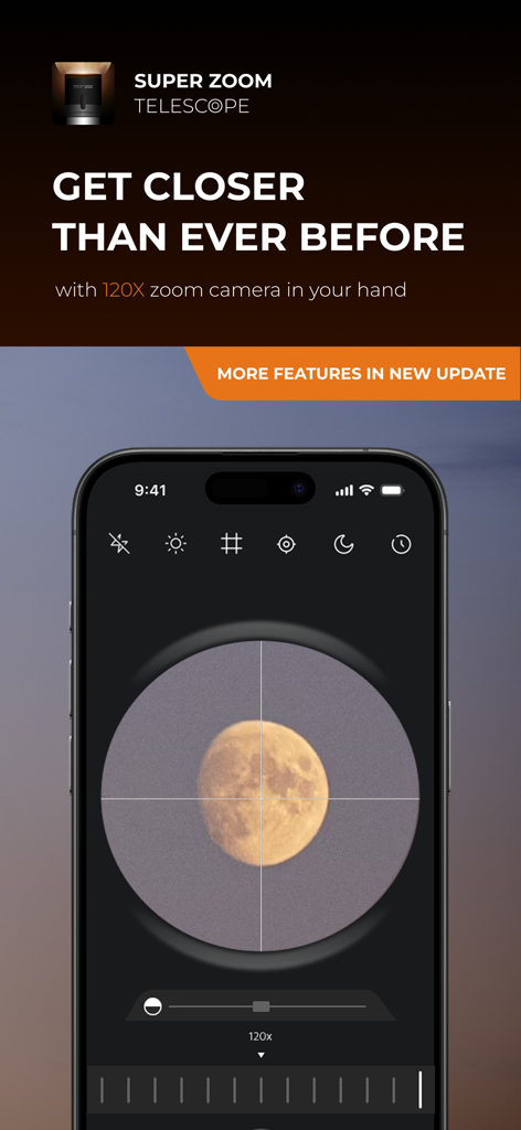 Super Zoom Telescope HD Camera app interface showing a 120x zoom view of the moon