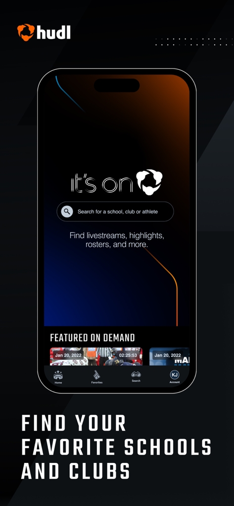 Search screen of Hudl Fan app to find schools and sports clubs