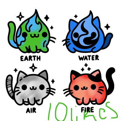 4 cats that represent the different elements, earth, water, air, and fire