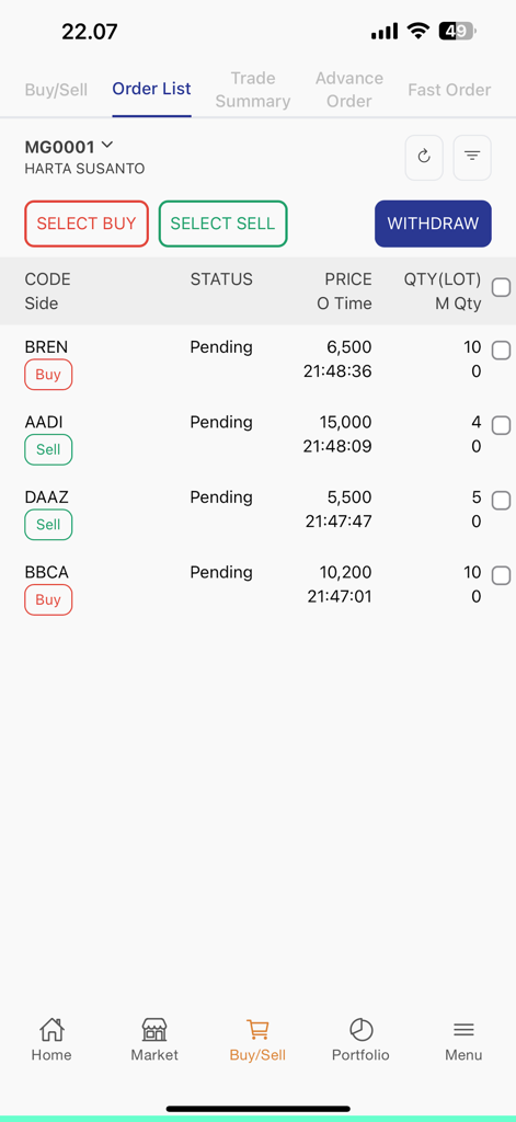 Semesta Online - Order list screen in the Semesta Online stock trading app showing pending buy and sell transactions