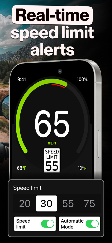 GPS Speedometer MPH Tracker - Una aplicación de velocímetro digital que muestra una velocidad actual de 65 mph y una alerta de límite de velocidad en tiempo real de 55 mph.