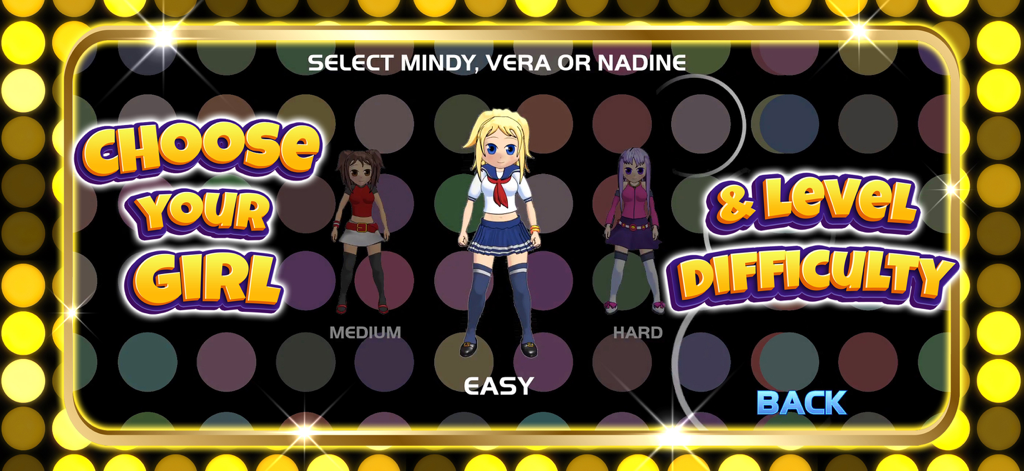 Character and difficulty selection screen featuring Mindy, Vera, and Nadine with Easy, Medium, and Hard options.
