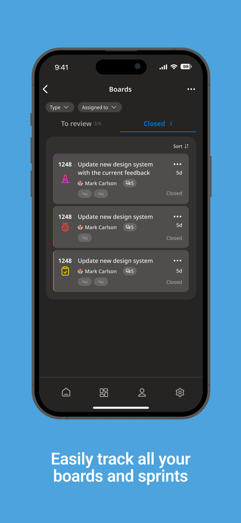 Az DevOps - A mobile interface of the Az DevOps app displaying a list of closed work items on a project board.