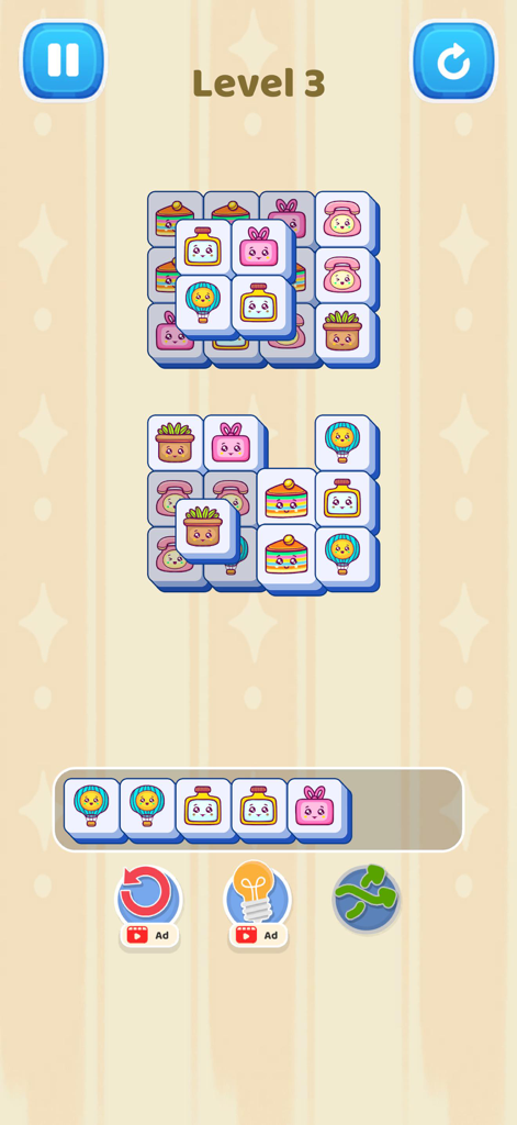 Organize ASMR: Tidy Games - Gameplay screenshot of a tile-matching puzzle level in Organize ASMR showing cute kawaii icons and pastel graphics