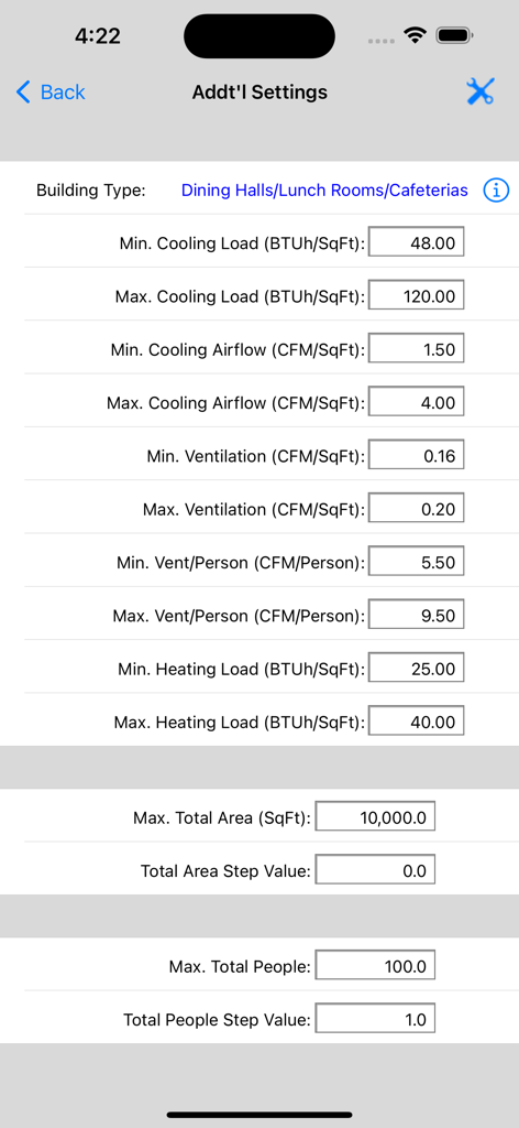 HVAC Quick Load app interface showing additional settings for cooling and heating load parameters by building type
