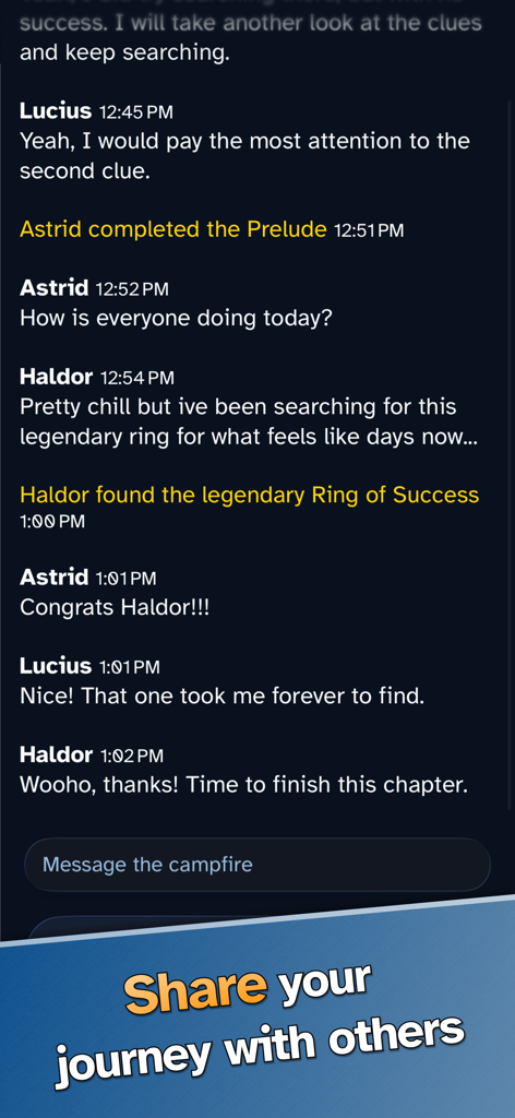 A screenshot of the in-game Campfire chat where players share stories and celebrate finding legendary items in Land of Livia