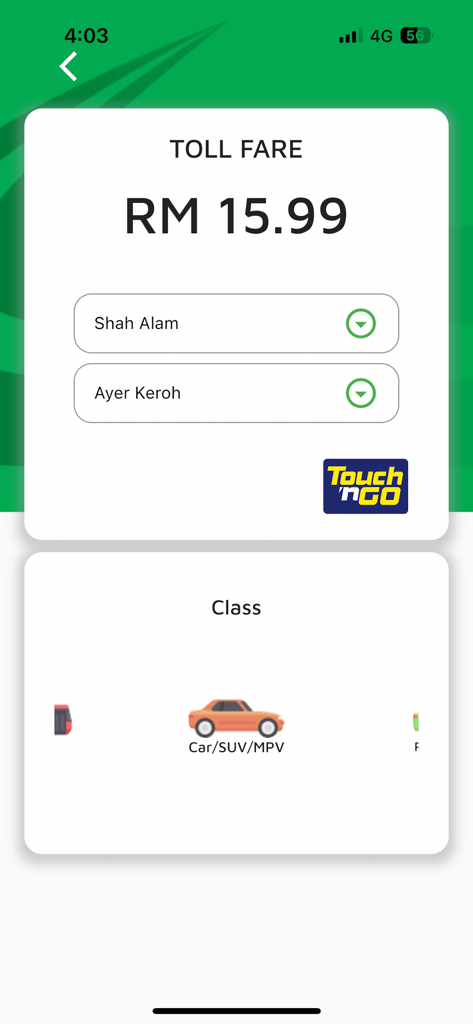 PLUS App (Official) - Pantalla de la calculadora de tarifas de peaje de la App PLUS que muestra un precio de peaje de RM 15.99 para un automóvil que viaja de Shah Alam a Ayer Keroh