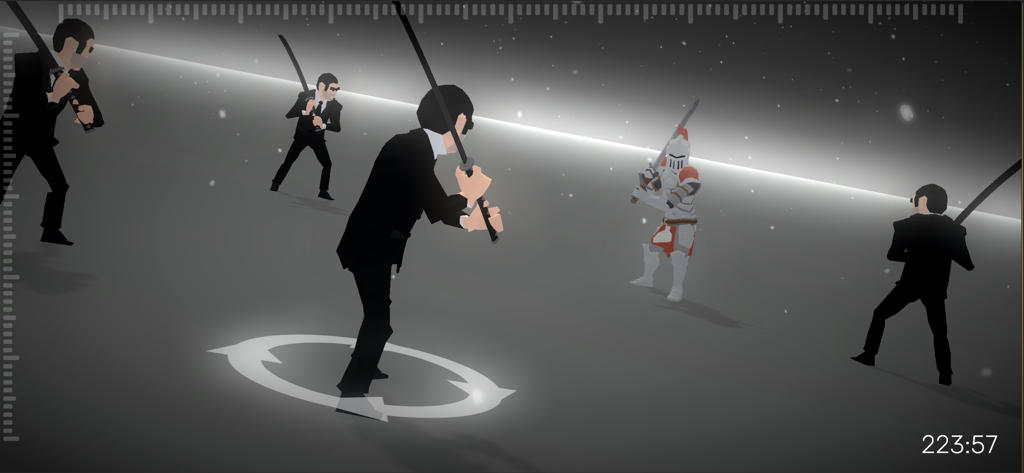 A tactical battle scene between mafia members with katanas and a medieval knight in armor.