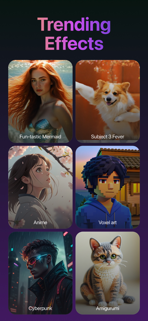 Pixverse - AI Video Effects - Un menú de efectos de IA de moda en la aplicación Pixverse mostrando estilos como Anime Voxel Art y Cyberpunk