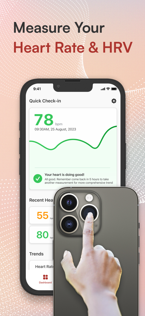 Check Heart Rate Now - A hand measuring heart rate by placing a finger over an iPhone camera lens alongside the app dashboard displaying heart rate and HRV data.