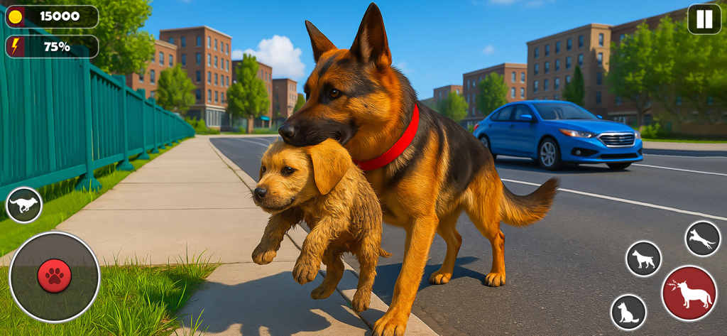A 3D simulation scene of a German Shepherd dog carrying a puppy on a city street